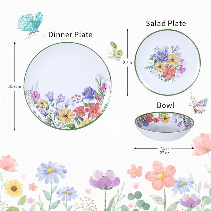 12 Piece Floral Melamine Dinnerware Sets, Green Camping Dishes Set, Spring Lightweight Plates and Bowls Sets, Service for 4, Unbreakable Dishwasher Safe Dish Set for Indoor & Outdoor Use