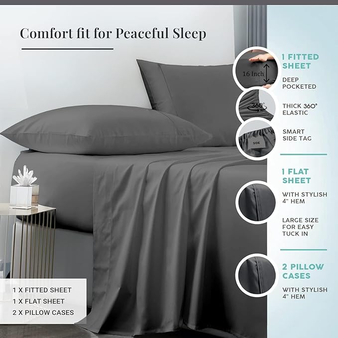 RV Short Queen Sheets Sets 60 x 75 - 4 Pc RV Sheets Set - Hotel Luxury Short Queen Sheets for RV Camper - 600 Thread Count - 16" Deep Pocket Fitted Sheet - Soft Cotton RV Bed Sheets Sets - Dark Grey