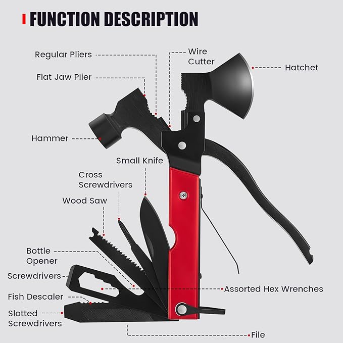 14-in-1 Multi Tools Hatchet Hammer Camping Gear, Multitool Hatchet Axe Camping Essentials for Camping Outdoor Survival Hiking (RedBlack)