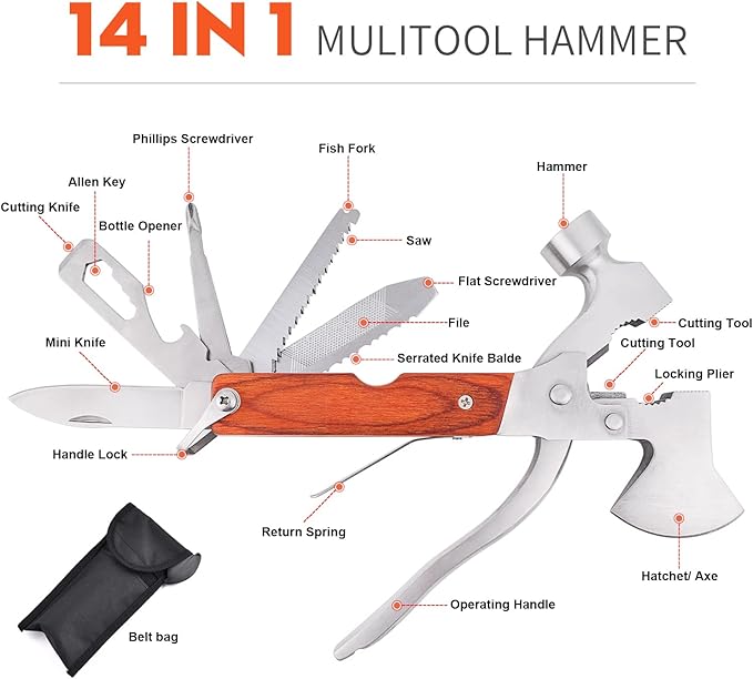 Multitool Hammer Camping Gear Accessories Survival Kits 14 in 1 Multifunction Tool Portable Folding Wood Handle Stainless Steel Multipurpose Equipment For Outdoor Hiking Hunting Tactic Unique Gifts