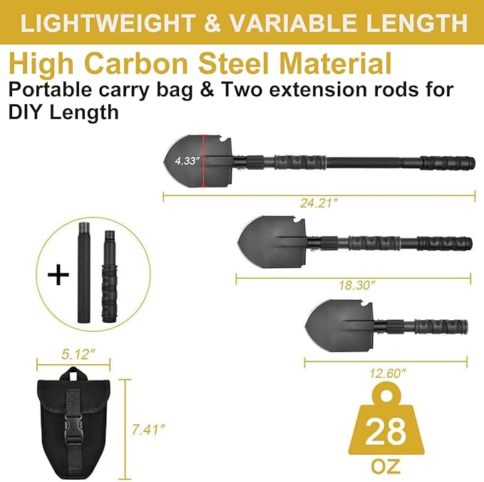 Camping Shovel, (24.21'') Survival Off Road E Tool Folding Shovel with Pickaxe, Portable Bag, High Carbon Steel, for Digging, Backpacking, Hiking, Gardening, Emergency, Outdoor