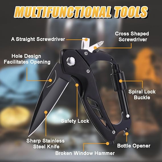 Multitool Carabiner with Pocket Knife, EDC Carabiners Keychain with Folding Knives, Survival Gear for Camping Hiking with a Whistle, Bottle Opener, Window Breaker, Screwdriver, Gifts for Men