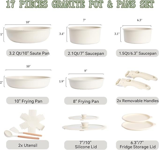 17Pcs Pots And Pans Set Nonstick with Detachable Handle, Non Stick Cookware,Granite Kitchen Pots And Pans Induction Rv Cookware Set, Oven And Dishwasher Safe