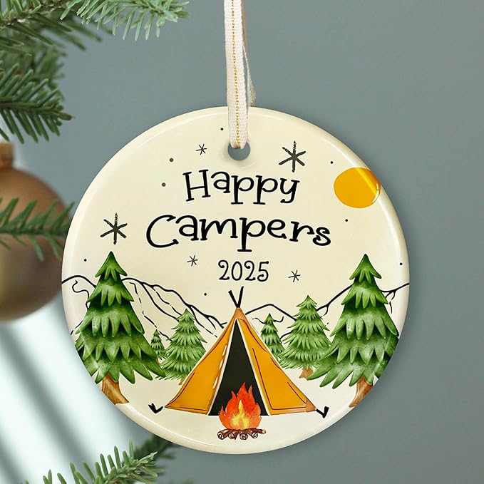 Happy Camper 2025 Ornament Camping Christmas Ornaments - Camper Xmas 2025 - Gifts for Campers, Camping Lovers Merry Christmas Hiking Trip Vacation - Ceramic Ornament 2025