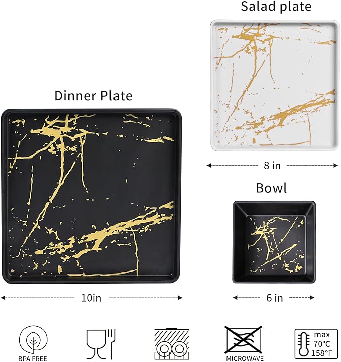 Square Melamine Dinnerware Sets of 12 Pcs,Square Plates and Bowls Sets,Unbreakable Dish Set for 4,Lightweight, Dishwasher Safe and BPA Free,Suit for RV,Camping (Black and White)