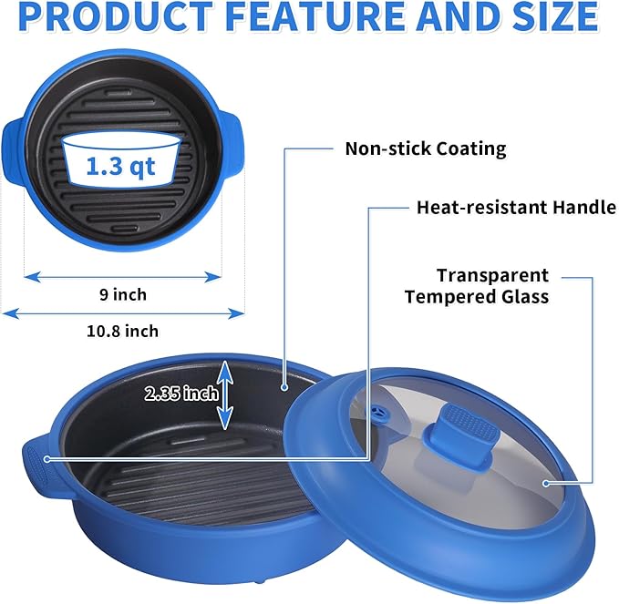 Microwave Grill Pan, Fry Griddle Crisper Pan with Lid for Grilling Browning and Crisping Foods Microwave Silicone Cookware for Baked Potato Meat Sandwich Vegetable Blue