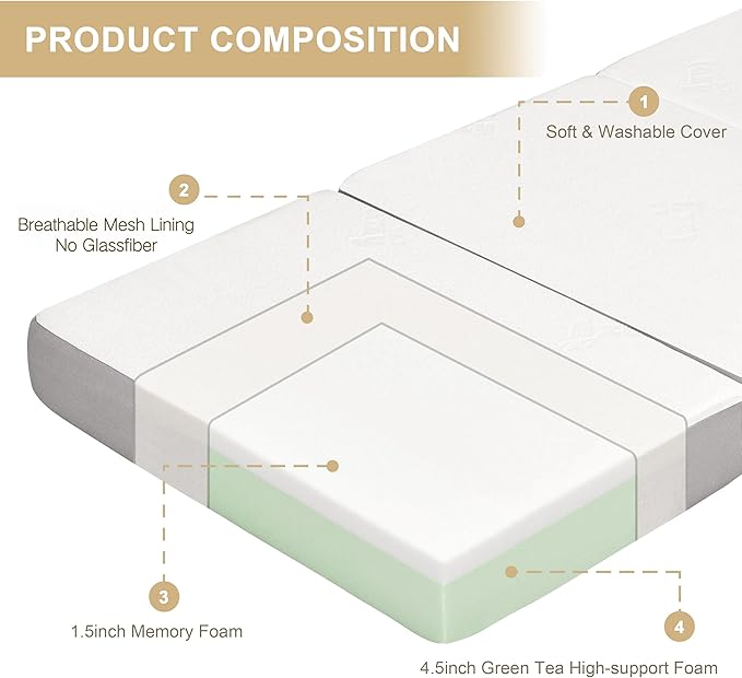 Folding Mattress, 6 Inch Memory Foam Tri-fold Mattress with Breathable & Washable Bamboo Fiber Fabric Cover, Foldable Guest Bed for Camping, Road Trip, Queen