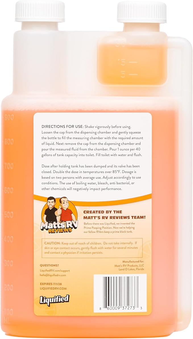 Liquified RV Toilet Treatment - Black Holding Tank Digester - Odor Eliminator - Orange Scent - Matts RV Reviews (Orange, 32oz)