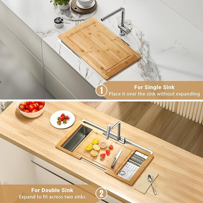 Bamboo Expandable Over The Sink Cutting Board with Juice Groove for kitchen, Wooden Kitchen Sink Cover Chooping Board for Counter Space