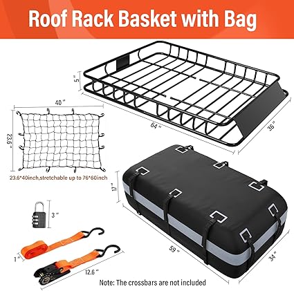 Heavy Duty Universal Rooftop Cargo Carrier Roof Rack, 64"x36"x5" Roof Rack Basket with 20 Cu.Ft Waterproof Bag, for SUV, Truck and Van, 250lbs Capacity, Corrosion Resistant (ROOF 64" and Bag)