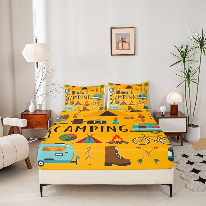 Twin Bed Sheets for Rv Camper Happy Camping Fitted Sheet for Kids Teens, Cartoon Camping Accessories Bedding Set Camper Decor Outdoor Adventure Sheets for Travel Trailers, No Flat Sheet