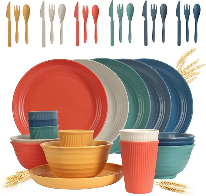 Wheat Straw Dinnerware Sets 36 Piece Unbreakable Dinnerware Sets, Reusable Wheat Straw Plates and Bowls Sets, Travel Camping Cutlery Set, Dishwasher Microwave Safe Dinnerware Colourful