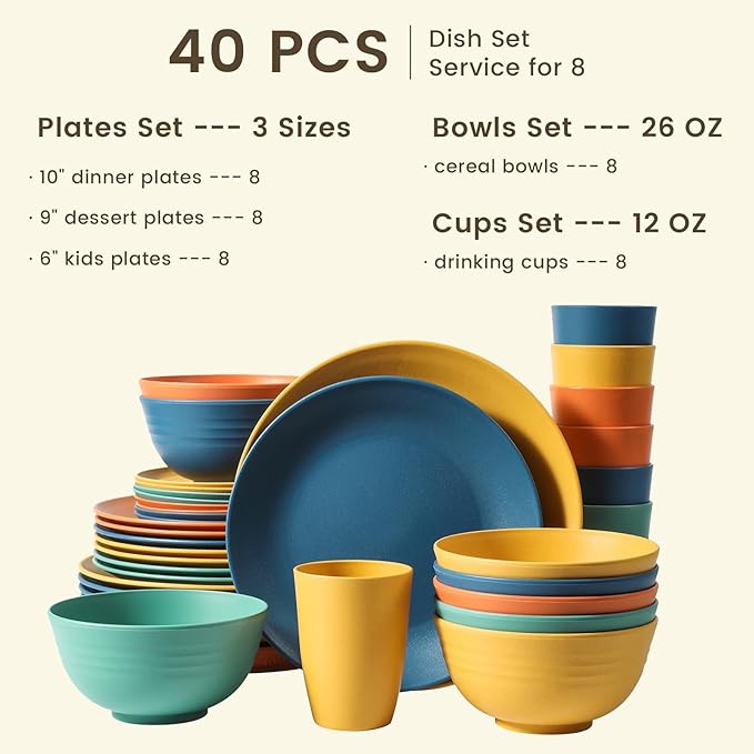 40-Piece Premium Wheat Straw Dinnerware Sets, Service for 8, Unbreakable Plates and Bowls Set - Cups Sets, Dinner Plates, Bowls for Kitchen,Dishwasher and Microwave Safe Dishes Set - Multi