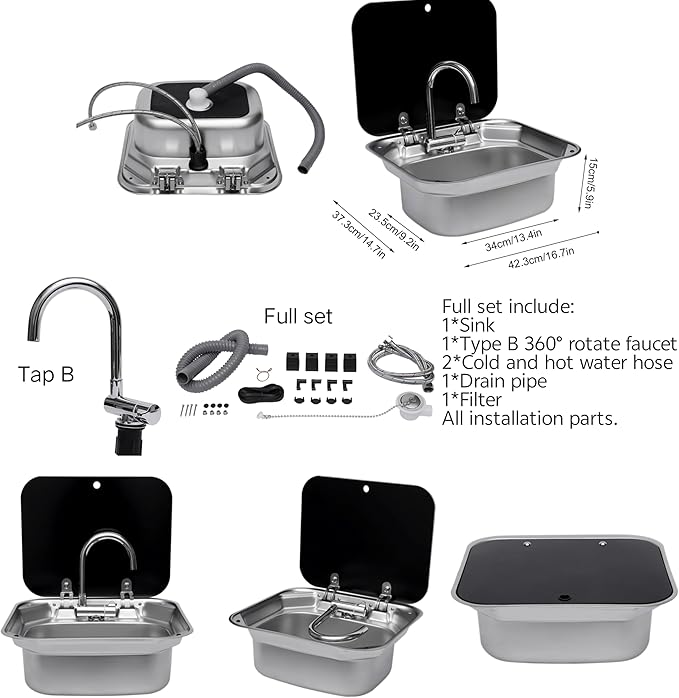 Folding RV Sink & Faucet Combo W/Lid, Bar Kitchen Sink 15 x 17 In Undermount Drop-in Sinks 304 Stainless Steel Single Bowl Workstation Sink Caravan Camper Van Boat Trailer Sink Hand Wash Basin