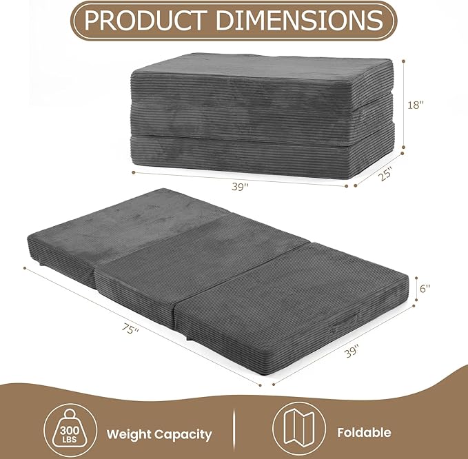 6-Inch Tri-Fold Mattress Twin Size - Foldable Futon Sofa Bed with Removable Washable Cover, Folding Memory Foam Futon Mattress | Non-Slip Bottom & Carry Handles for Guest, Camping, Dorm