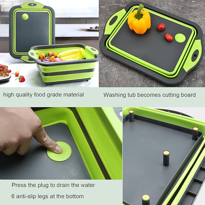 Camping Collapsible Cutting Board Dish Basin BBQ Prep Tub Camp Sink Dish Washing Station Multifunctional Storage Basket(Grey green)