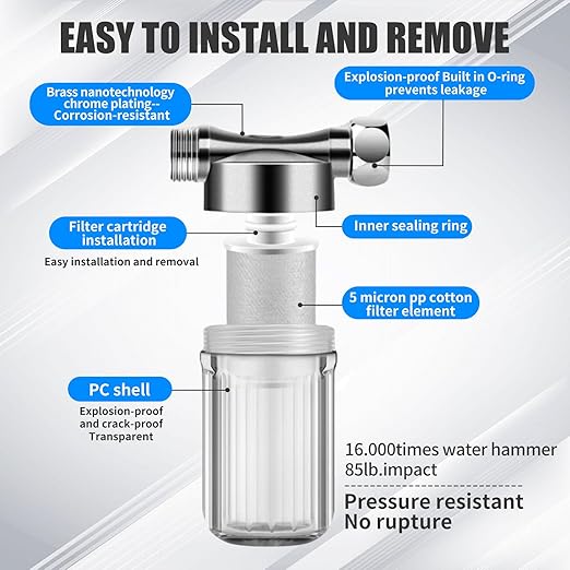 5 Or 40 Micron Reusable Brass Sediment Filter, Visual Washer Water Filter System, 12 GPM High Flow, for Washing Machine, Heater, Shower, Garden, 1/2" NPT+3/4" GHT Chrome (PP Cotton Filter 5um)
