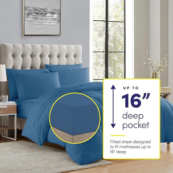 RV Short Queen Comforter Set for RV Camper - Comforter Set with Fitted & Flat Sheet, 4 Pillowcases - Tailored for RV Short Queen Beds - Cozy Essentials for Your RV Bedroom, Denim