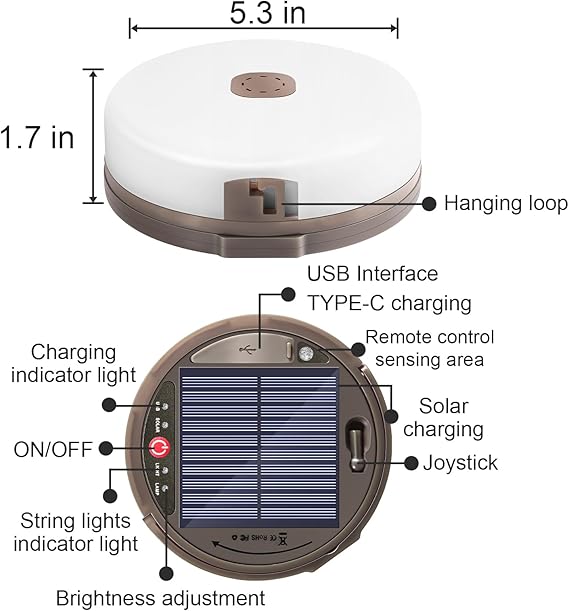 Camping String Light 4 in 1 Retractable 42ft Solar /USB Rechargeable 3600mAh Waterproof Hanging Outdoor Camping Lantern with 8 Lighting Modes, Portable Tent Lights for Hiking, Yard, RV (Warm Light)