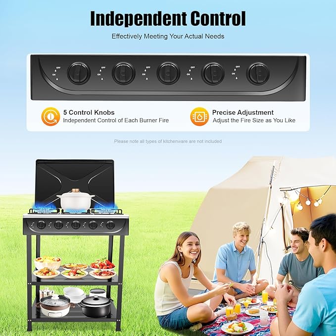 5 Burner Propane Gas Stove Outdoor Kitchen Grill Outdoor Cooking Stove with Support Leg Stand and Wind Blocking Cover Propane Burners for Outdoor Cooking, RV Travel, Apartment (Black)