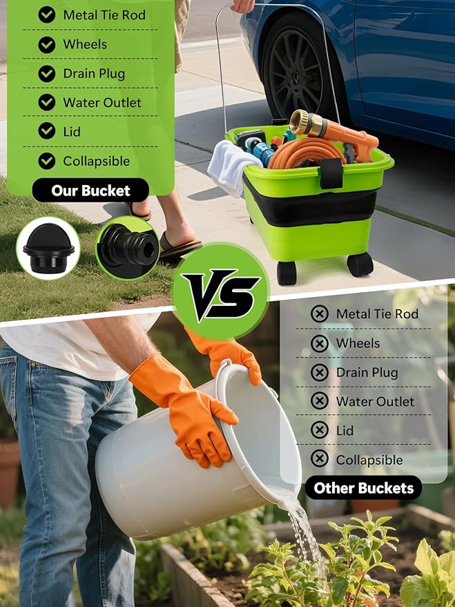 Collapsible Bucket 5.8 Gallon 22L with Wheels Handle Drain Plug Water Outlet and 2 Universal Connectors for Portable Pressure Washer Cordless Car Washing Camping RV Pet Bath Multi-Use
