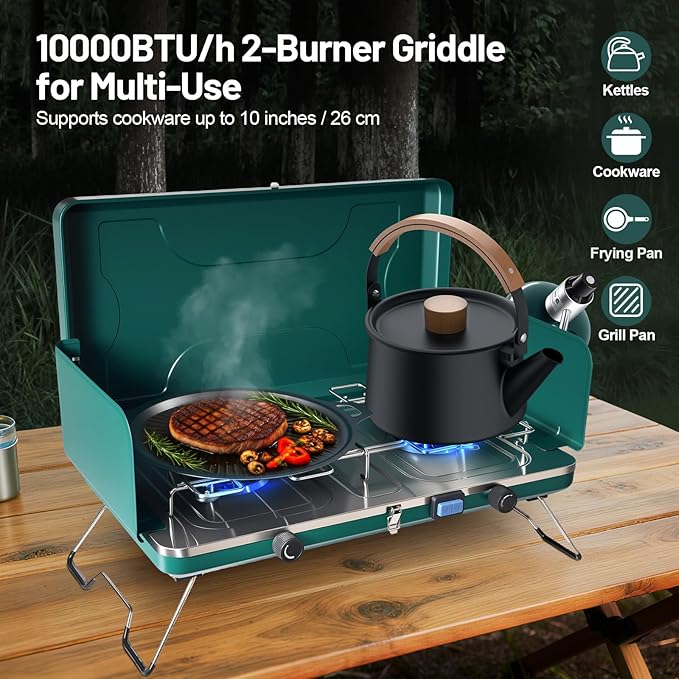 2-Burner Propane Stove, Portable Camping Cooktop with 2 Adjustable Burner and Wind Guards, 20000BTU Camping Stove with Ignition & Griddle for Camping,Tailgating, BBQ, Grilling,Outdoor Gear