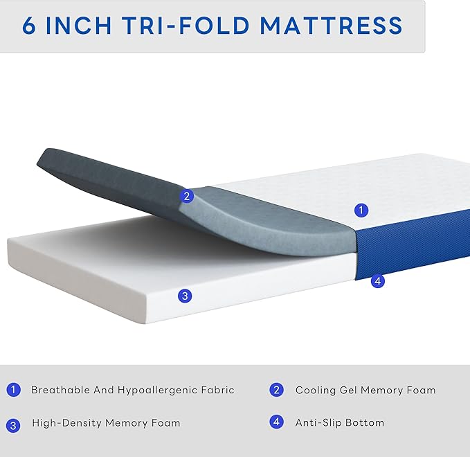 Tri-Fold Memory Foam Mattress, 6 inch Portable Floor Mattress Queen Size, Folding Mat for Travel & Camping & Yoga, Cover Washable Foldable Mat, CertiPUR-US Certified