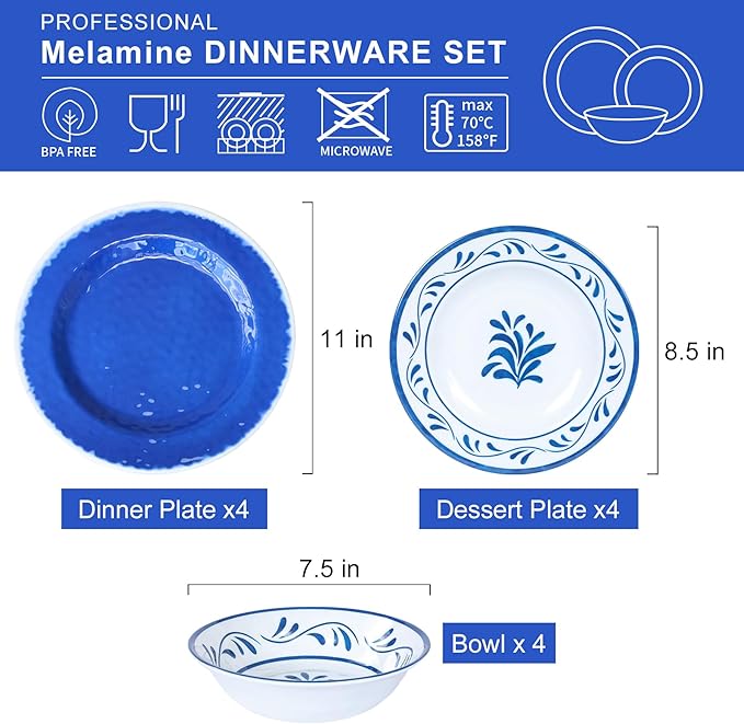 Melamine Dinnerware Sets,12-Piece Plates and Bowls Sets,Durable&Lightweight Kitchen Dish set for 4,Dishwasher Safe, Indoor and Outdoor Use,Blue
