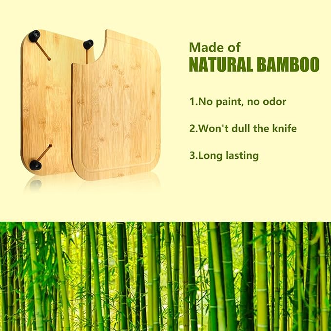 Bamboo Cutting Boards for RV,Non-slip Rubber Feet,Drainage Groove Design Cutting Board,Fits most RV&Boat sinks,14.5“x 12.5” Rv Sink Cover Cutting Board