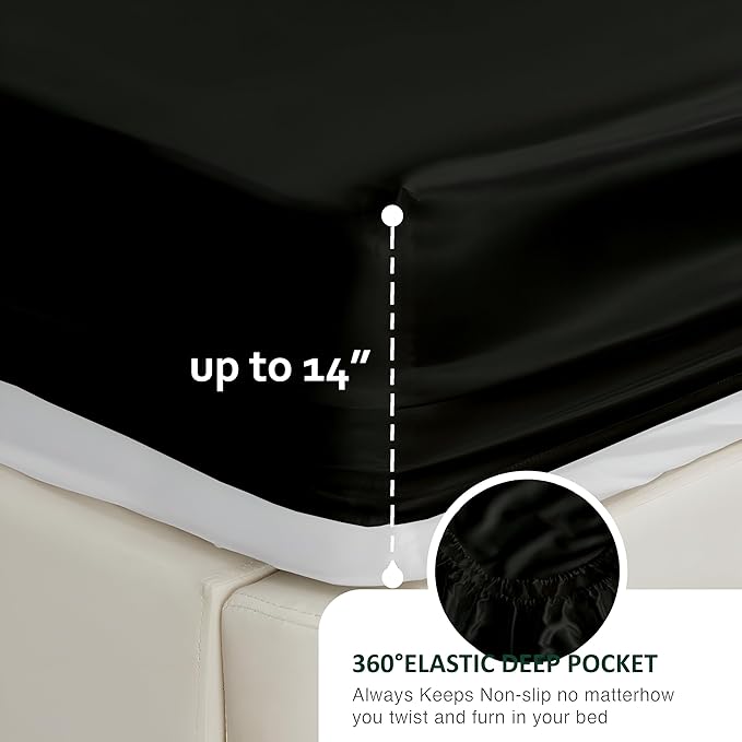 Luxury Silk Satin RV King Bed Sheet Set – Ultra Soft & Silky 4-Piece Deep Pocket Sheets – Elegant Bedding with 1 Fitted Sheet, 1 Flat Sheet & 2 Pillowcases – Black