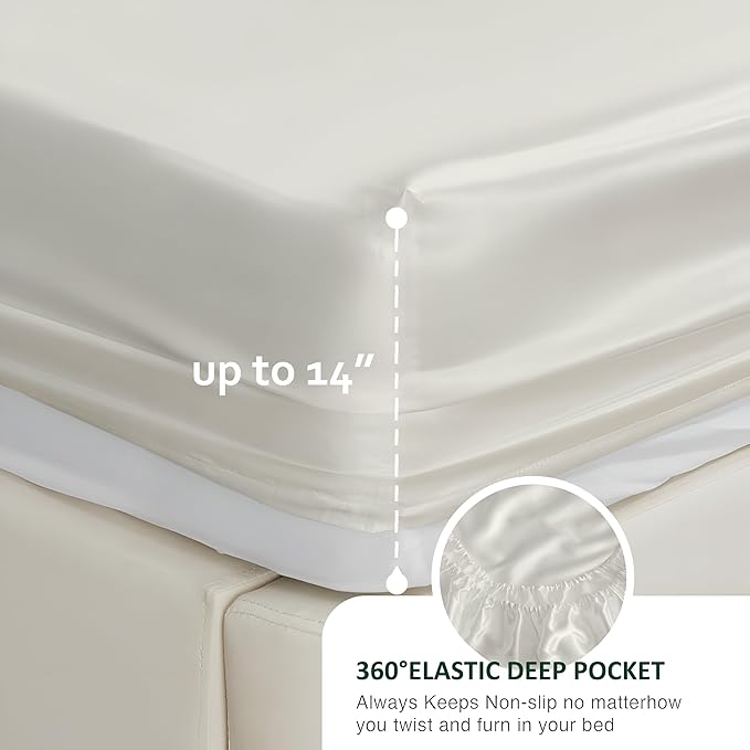 Luxury Silk Satin Short Queen Bed Sheet Set – Ultra Soft & Silky 4-Piece Deep Pocket Sheets – Elegant Bedding with 1 Fitted Sheet, 1 Flat Sheet & 2 Pillowcases – Ivory