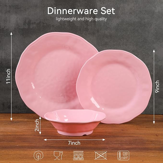 18 Piece Pink Dinnerware Set, Lightweight Kitchen Dining Plates and Bowls Set, Durable Melamine Dishes, Set of 6, Unbreakable RV Camping Dishes, Dishwasher Safe