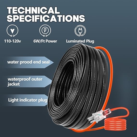 6FT(3FT~200FT) Heat Tape for Water Pipes, -40°F Deicing Heating Cable, Freeze Protected Water Pipe Heating Cable, Heated Water Hose, Plumbing Fixtures, 120V 5W/ft Plumbing Fixtures