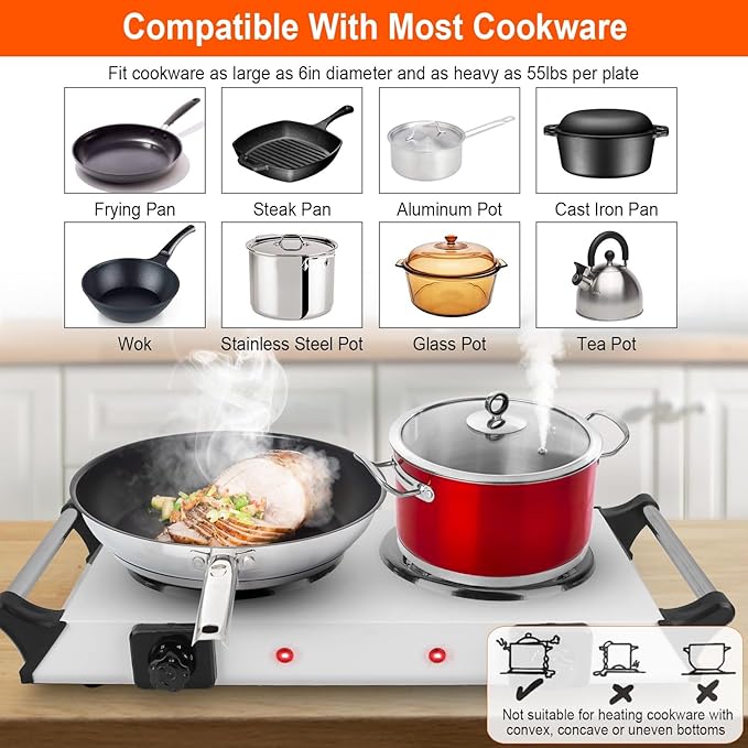 Hot Plate, 2000W Portable Electric Stove for Cooking with Stay Cool Handles & 5 Levels Adjustable Temperature, Countertop Double Coil Burner for Home RV Camp Compatible for All Cookwares,White