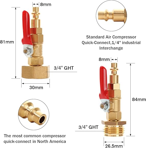 RV Winterize Blowout Adapter Kit,1/4" Quick Connect Plug 3/4" Garden Hose Thread with Ball Valve and Washers, Heavy-Duty Brass Fitting for RV, Boat, Camper, and Trailer Systems