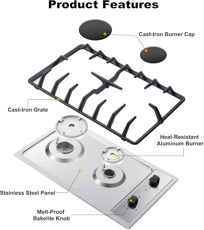 2-Burner Gas Cooktop with Thermocouple Protection - NG/LPG Convertible 12" Stainless Steel Built-in Gas Stove Top for RV, Kitchen & Camping