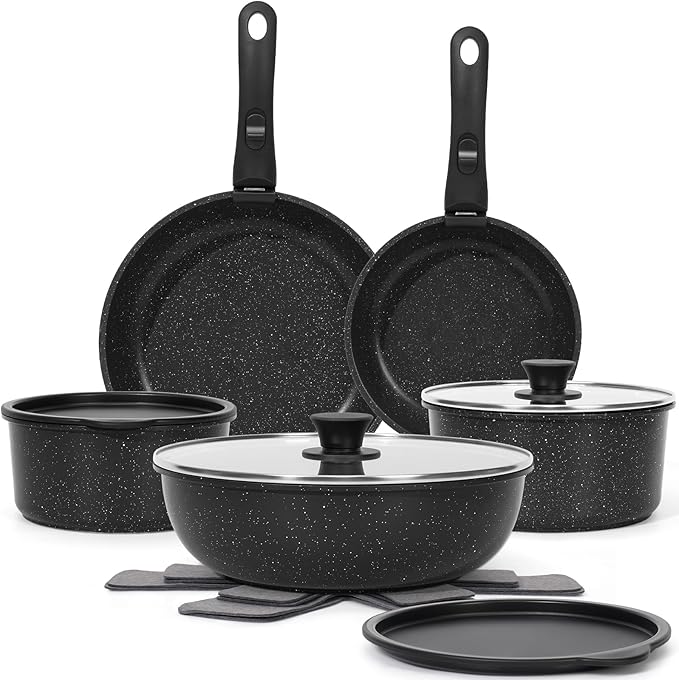 15Pcs Pots and Pans Set Non Stick, Cookware Sets with Detachable Handle, Nonstick RV Kitchen Cooking Tools Removable Handles, Oven Safe, Induction Fast, Stackable Induction Cookware,Black