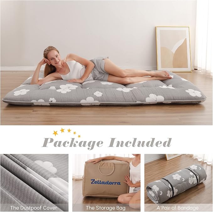 Japanese Floor Mattress, Futon Mattress with Portable Storage Bag and Washable Cover, Roll Up Thick Tatami Mat Suitable for Camping, Guest Room, Grey Cotton, Twin