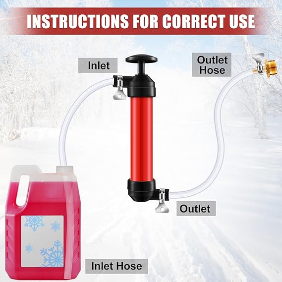 RV Antifreeze Siphon Hand Pump Kit, Liquid Transfer Pump with Two 1 Metre Clear PVC Hoses for Petrol, Oil and Fluids, Fuel Siphon Pumps with 2 Clamps, Camper, Boat Winterization Accessories