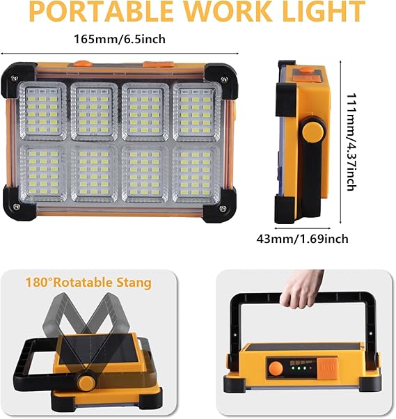 120W Solar Rechargeable Work Light, 144 LED 10000LM Portable Flood Light with Stand, IP66 Waterproof 4 Modes LED Job Site Lighting Flashlights for Mechanic Camping Fishing Car Repair