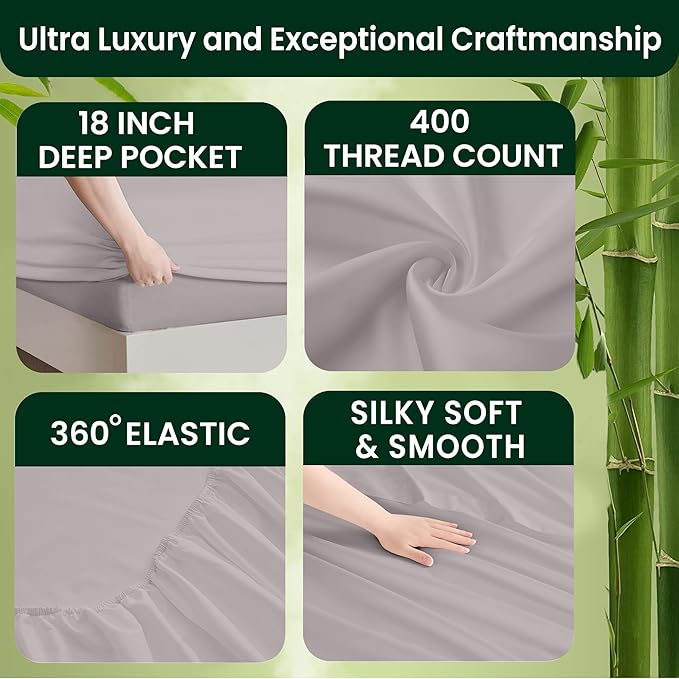 Hotel Quality Luxury RV King 72" x 80" Sheet Set for Campers – 100% Organically Grown Bamboo Viscose, Ultra Soft, Cooling & Moisture-Wicking, 18" Deep Pocket, Premium Light Grey 4-Piece Bedding Set