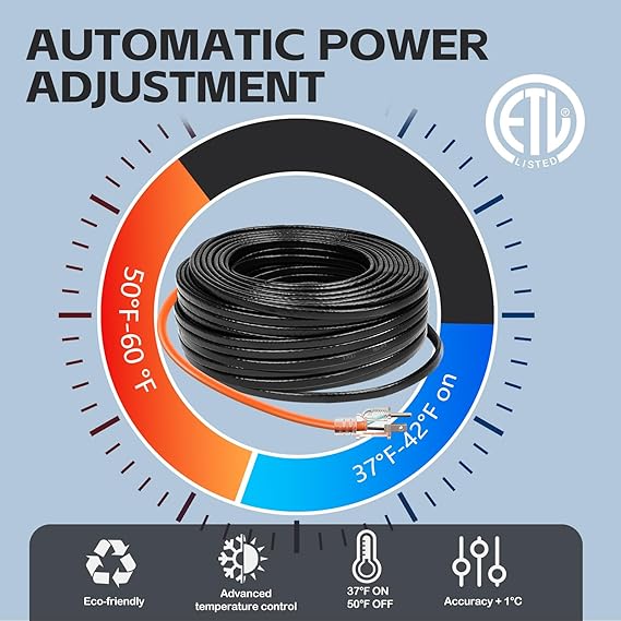 50FT(3FT-200FT)Pipe Heating Cable for Pipe Freeze Protection, Heat Cable for Water Pipes(Metal and Plastic), Pipe Heat Tape Keeps Water Flowing at -40°F 5w/ft, 120V