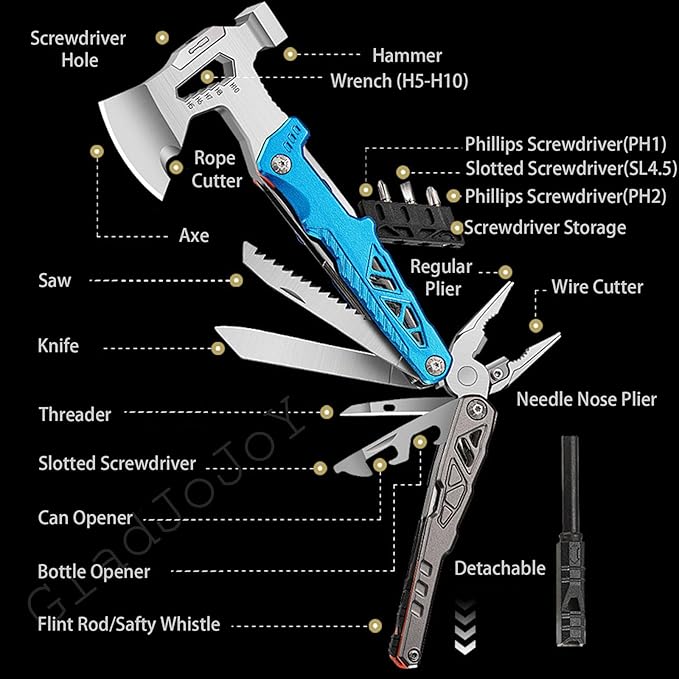 Camping Axe Multitool 17 IN 1, Foldable Camping Essentials Survival Gear Hatchet with Knife, Adjustable Wrench, Hammer, Screwdriver, Outdoor Multi Tool Stainless Steel Mens Gifts(Black)