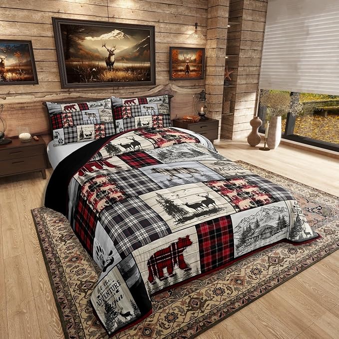 Rustic Cabin Comforter Set Queen Woodland Wolf Deer Bear Comforter For Kids Adults,Red Black Buffalo Plaid Bedding Set Wildlife Camping Lodge Mountain Quilt Bedding Southwestern Farmhouse Decor