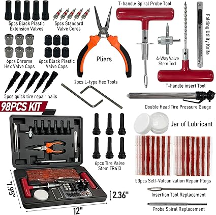 98Pcs Tire Repair Kit with Plugs, Heavy Duty Tire Patch Kit to Fix Plug Flats, Universal Tubeless Tire Puncture Change Tools for Car Motorcycle Truck ATV Trailer RV Tractor