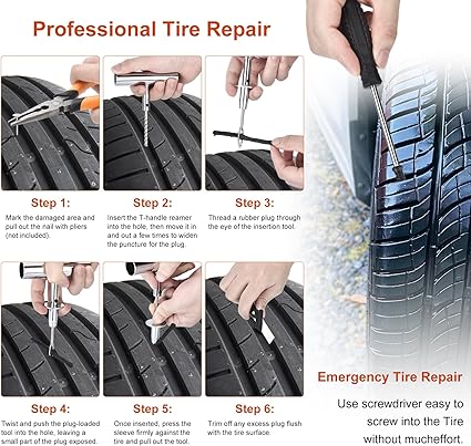 Tire Repair Kit, Tire Plug Kit, Tire Repair Rubber Nail, Professional Heavy Duty Emergency Flat Tire Repair, Repair Tire for Car, RV, SUV, Jeep, UTV, Truck, Motorcycle, Tractor, Mower, Wheelbarrow