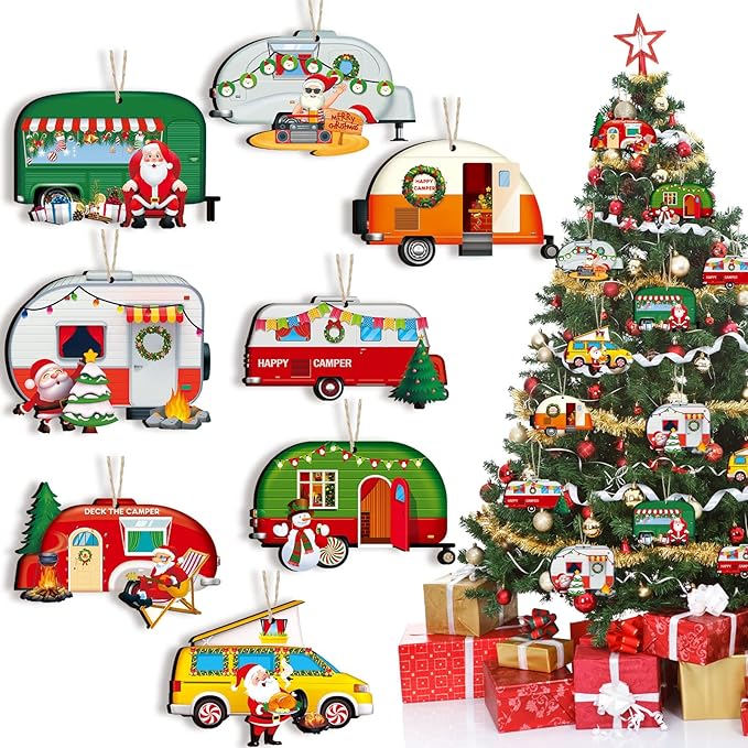 32 Pieces Christmas Camper Ornaments Wooden Camping RV Xmas Tree Decorations Caravan Trailer Hanging Ornaments for Home Party Holiday Christmas Crafts