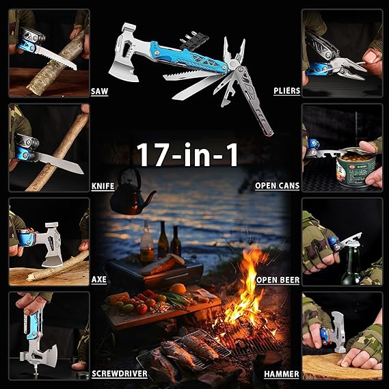 17-in-1 Multifunctional Outdoor Tool Axe with Hammer, Plier, wrenches, utility knife, saw, bottle opener, Multi-bit screwdrivers, Great Gift for Men Dad Camping Survival Kit (Black)
