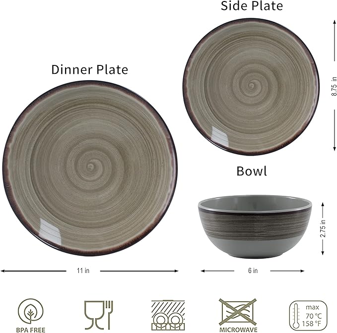 Melamine Dinnerware Sets, Dinnerware Sets for 4, 12Pcs Plates And Bowls Sets, Lightweight and Unbreakable Dish Set for Camping, Picnic,RV, Dishwasher Safe,BPA Free(Brown)