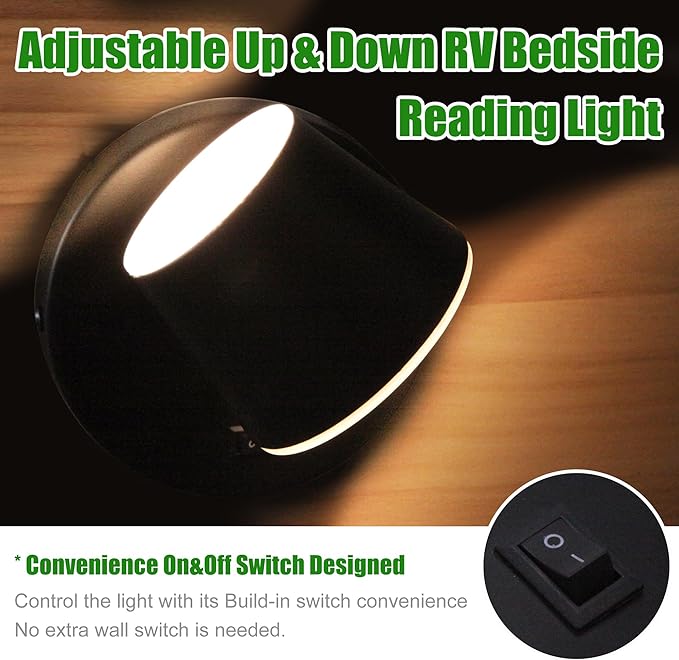 RV LED Bedside Reading Light with Switch - 2 Pack, 350° Rotatable 12V RV Vanity Wall Sconce, Black Finished, 12Volt RV Interior Lights for RV Camper Trailer Motorhome Boat